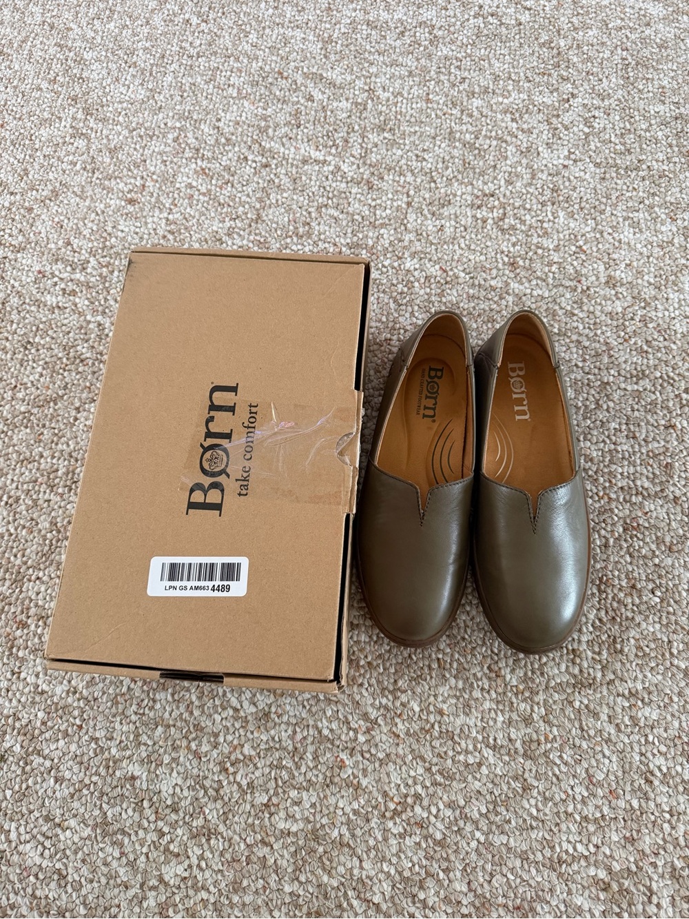 Born Olive Green Leather Slip-On Loafers